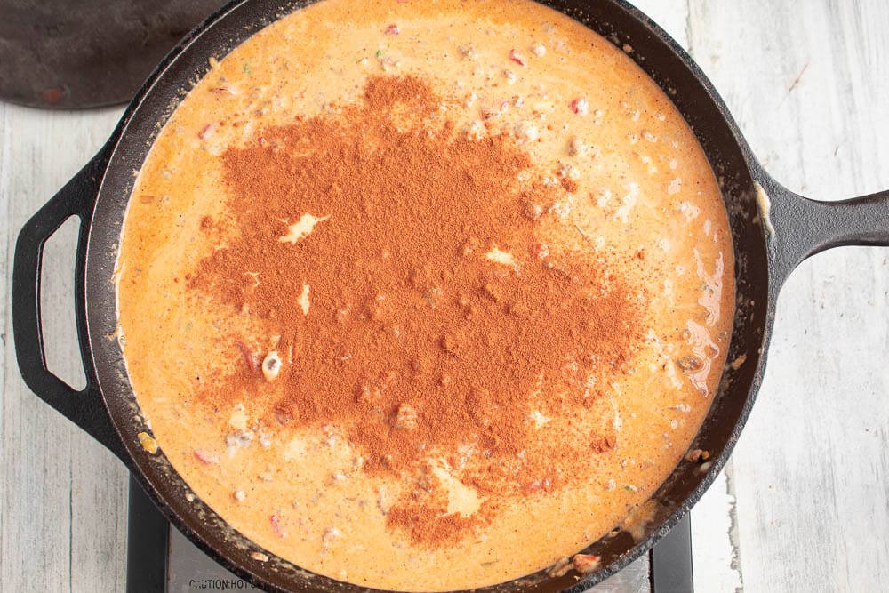 Spicy Sausage Rotel Queso Dip with cinnamon sprinkles on top in a cast iron skillet.