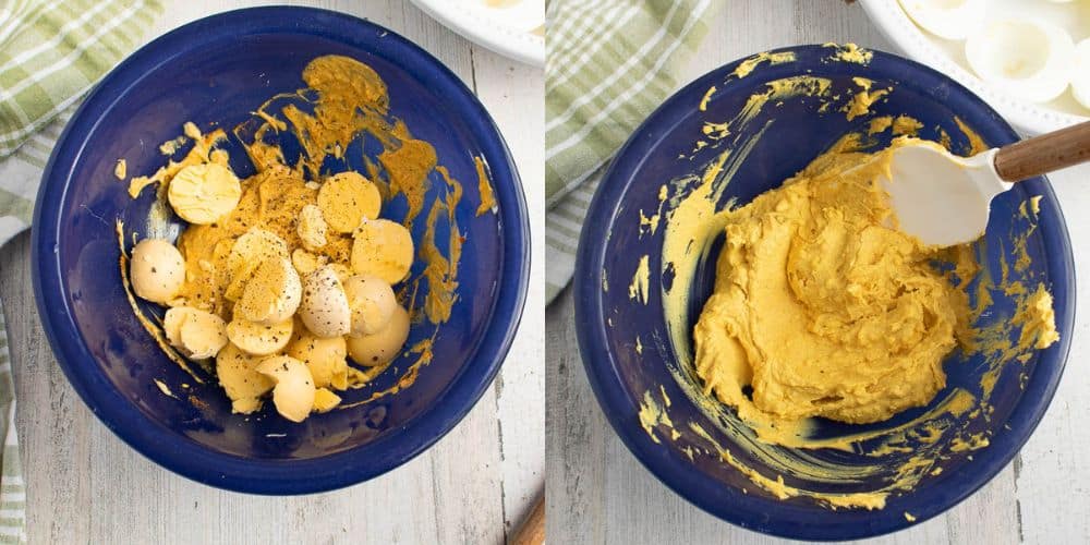 Step three of deviled eggs with curry and dill. Cooked eggs yolks added to sauce. Egg yolks and sauce mixed.