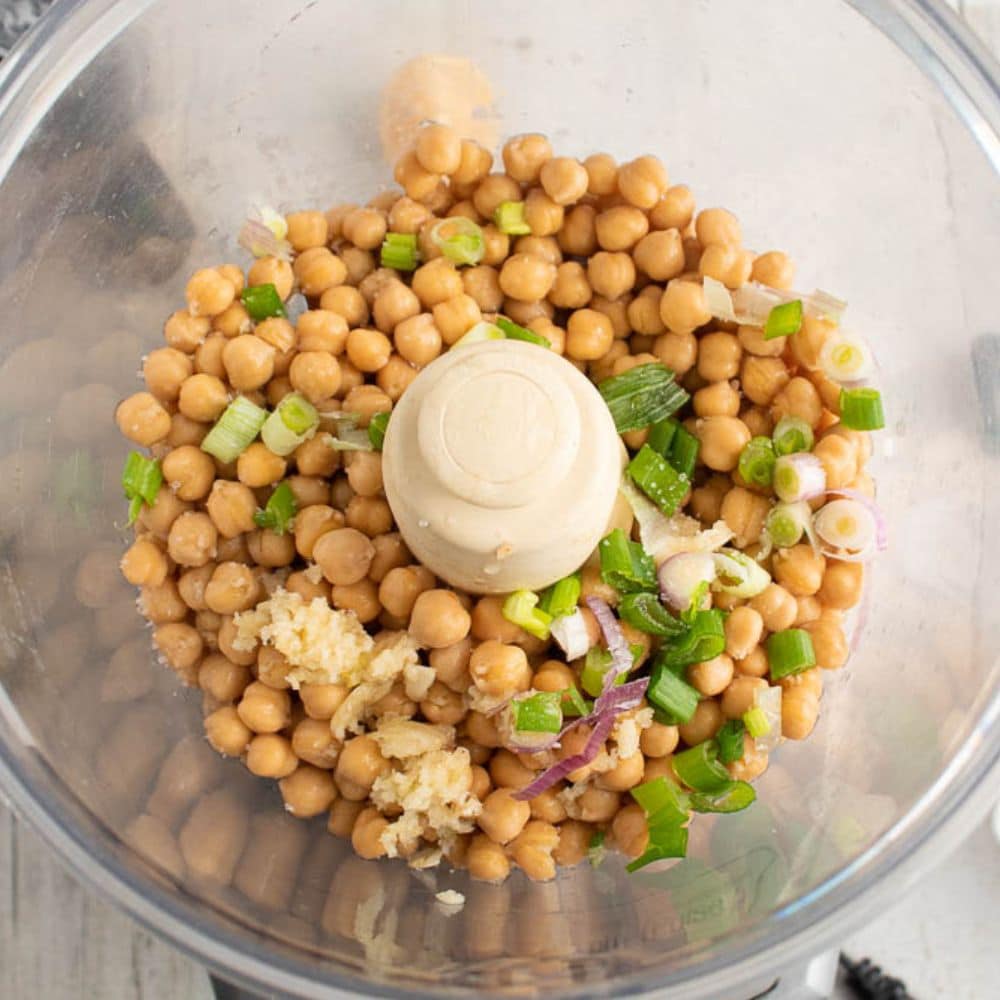 Chickpeas, garlic, onion, salt in a food processor.