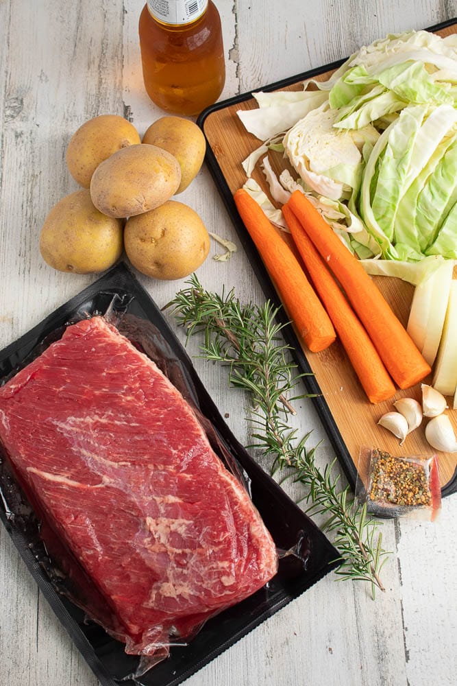 Dutch oven corned beef and cabbage ingredients.