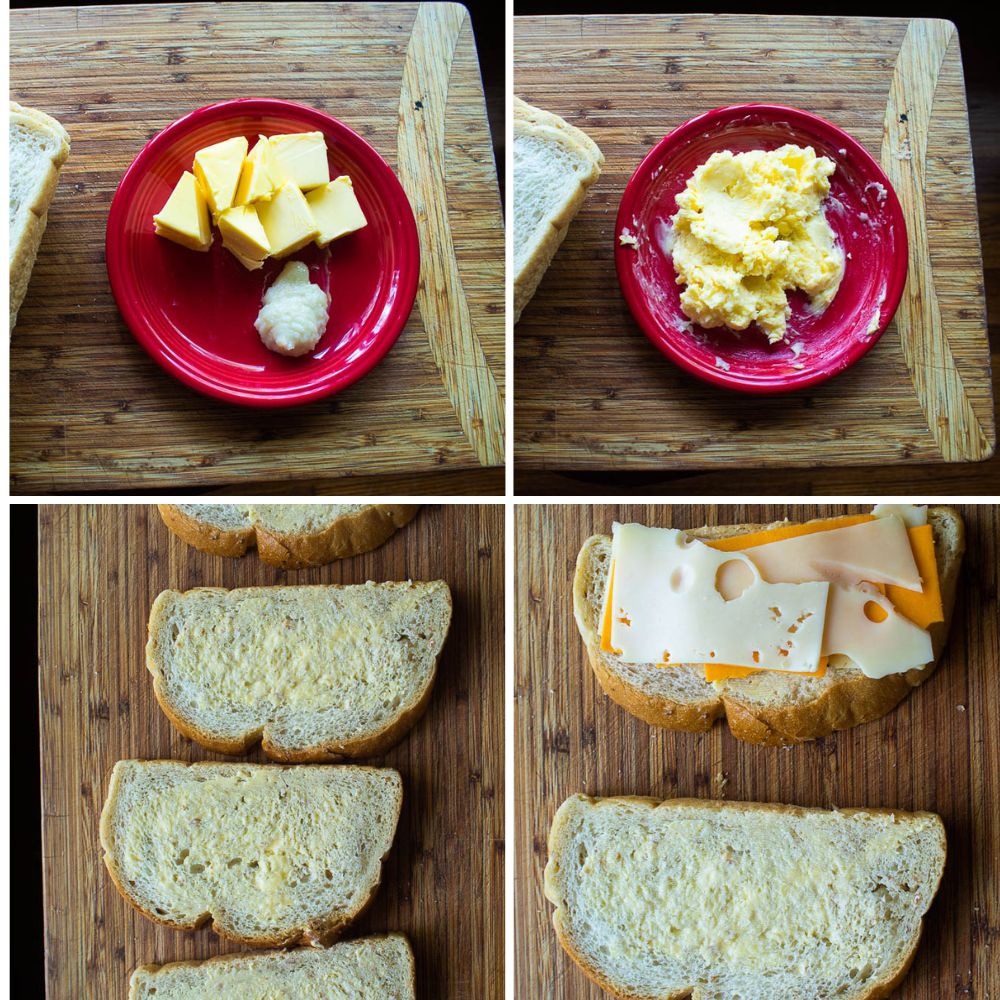 4 Picture Collage of Air Fryer Grilled Cheese assembly steps.