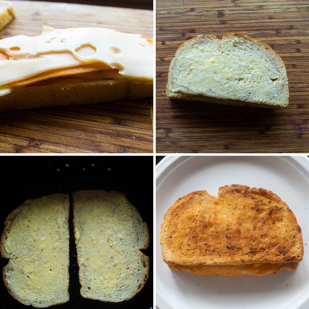 4 Picture Collage of Air Fryer Grilled Cheese finishing assembly steps.