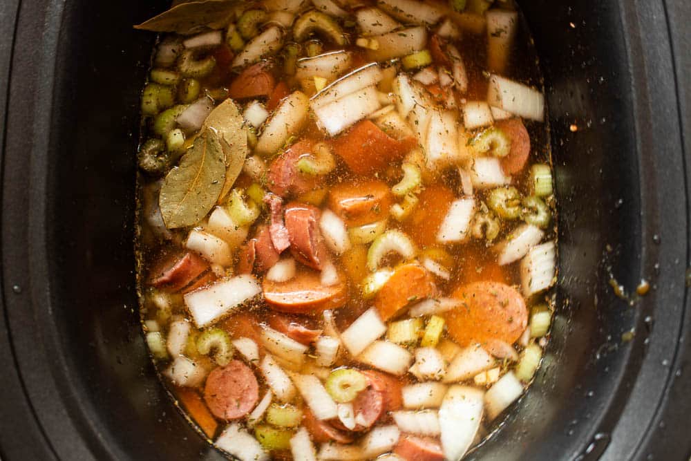 Red Beans mixture in a a crockpot before slow cooked.