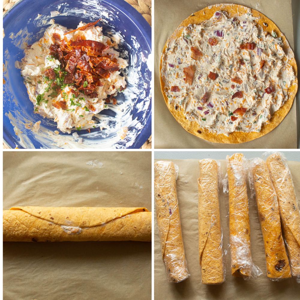 4 picture collage of How to make spicy bacon cheddar ranch tortilla rollups.